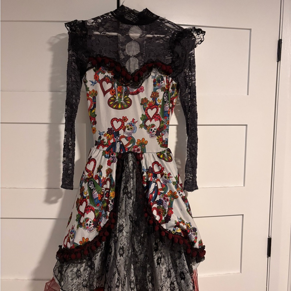 Day of the Dead Woman’s  Dress with Lace Details and Red Crinoline